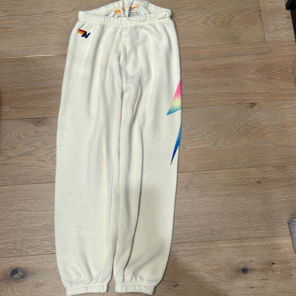 Aviator nation, cream, rainbow bolt sweatpants